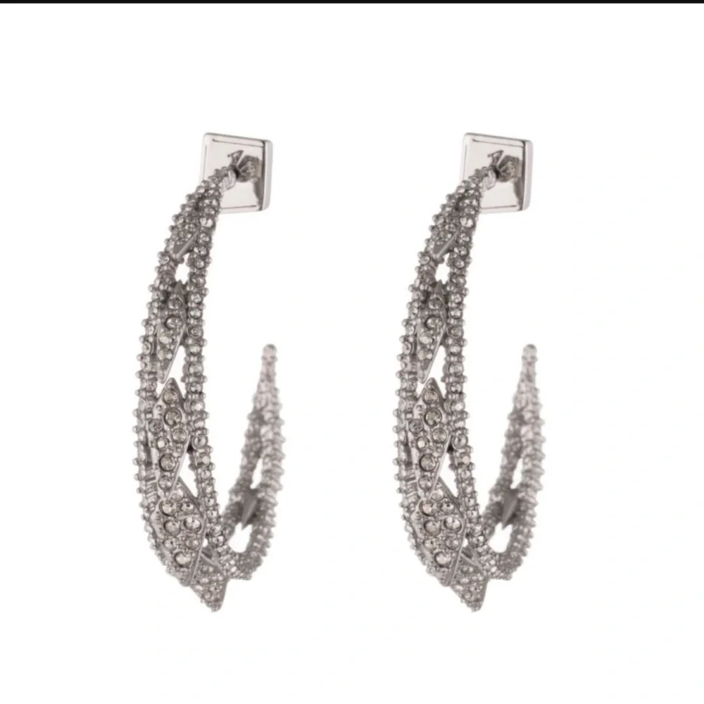 ALEXIS BITTAR • Edgy Crystal Encrusted Spiked Lattice Silver Hoop Earrings
